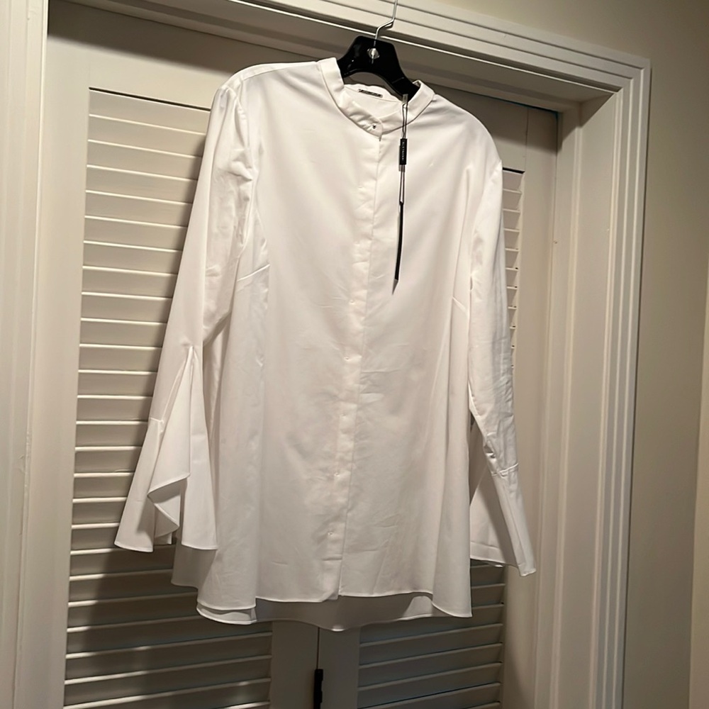 Ellie Tahari tunic blouse with flowy sleeves and an inverted pleat.  High-low.